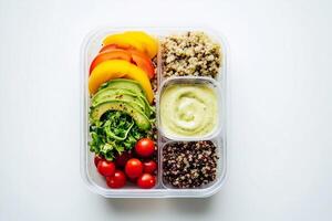 A well-balanced and beautifully plated fresh salad with nutritious ingredients, creating a vibrant and elegant presentation. Grab-and-Go Salad. . photo