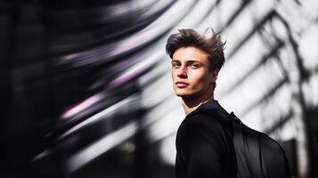 A young man with a backpack walks through an abstract urban space. Light and shadow create a dynamic, surreal effect, enhancing the sense of movement, and introspection in a futuristic setting. photo