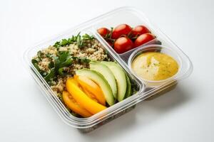 A nutrient-rich salad box featuring fresh avocado, tomato, and quinoa, creating a perfect healthy and balanced meal. Grab-and-Go Salad. . photo