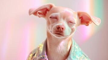 A cute Chihuahua in a shiny jacket enjoys a soft pastel glow, representing luxury pet fashion and grooming. A dreamy, elegant atmosphere enhances its charm. . photo