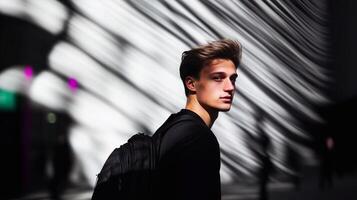 A young man with a backpack walks through an urban space, surrounded by abstract light and shadow patterns. His confident gaze and the dynamic background evoke mystery, movement, and introspection. photo