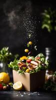 A dynamic grab-and-go salad with grilled chicken, fresh lettuce, olives, tomatoes, basil, and lemon dressing. A visually striking culinary creation with floating ingredients. . photo