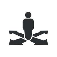 illustration of a flat design of a person between four path options with arrows. vector