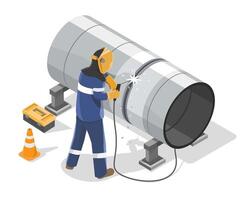Technicians working on huge pipe Pipeline Weld career working isometric isolated illustration vector