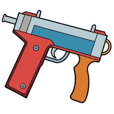 A cartoon gun with a red handle and blue handle