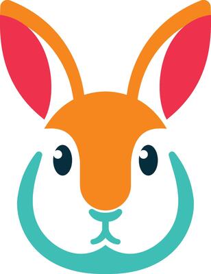 a cartoon rabbit head with a blue and orange background