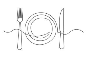 Single line illustration of knife fork and plate vector