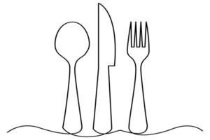 Continuous line drawing of knife fork and plate vector