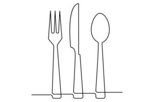 Continuous one line drawing of knife and fork outline art illustration isolated on white background vector