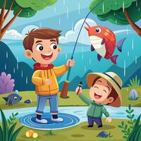 two boys fishing in the rain with a fish vector