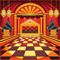 an illustration of a circus stage with red curtains and a checkered floor vector