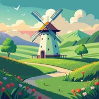 illustration of a windmill in a field with flowers and trees vector