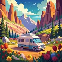 a van is parked in front of a mountain with flowers and trees vector
