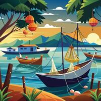 a painting of boats in the ocean with trees and mountains vector