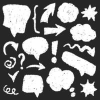 Hand drawn cloud of text, arrows, signs. Set of text speech bubbles with crayon texture. Doodle illustration on a black board. vector