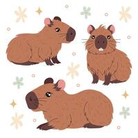 Set illustrations funny capybaras with decorative elements. Cute capybara. Kawaii hand drawn capibara for sticker, postcard, tshirt, print design vector
