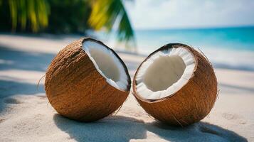 Two halves of a coconut on the beach. Tropical fruit, perfect for summer vacation. photo