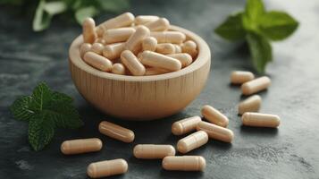 Natural Health Supplements in Wooden Bowl with Mint Leaves photo
