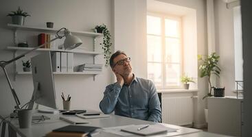 Thoughtful Man at Desk Serene Office Workspace in Soft Light photo