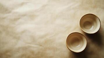 Two Empty Beige Bowls on a Light Brown Paper Surface photo