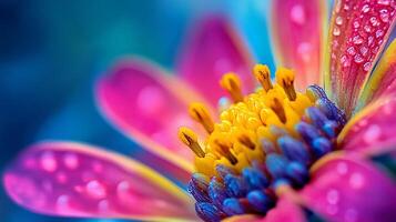 un vibrante flor floraciones con intenso rosado pétalos y un azul y amarillo estambre, gotas adherirse a eso en suave enfocar, creando un fresco, macro escena. foto