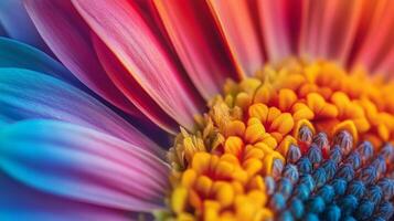 Macro shot showcasing the vibrant spectrum of a flower, highlighting the colorful petals and intricate details of its central disk. photo
