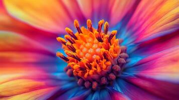 Close-up of a vibrant flower showcasing its beautiful, colorful petals and intricate center details, creating an eye-catching floral artwork. photo