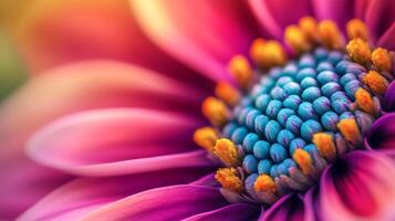 A vibrant macro photograph captures the intricate details of a pink flower's center, showcasing its unique texture and colors. photo