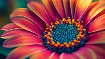 Close-up of a vibrant flower displaying an array of colors in its petals, with a blue center surrounded by yellow and orange accents. photo