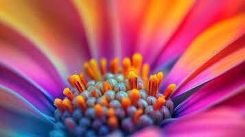 Vibrant flower close-up, capturing the intricate details of its colorful petals and pollen structures. The image bursts with hues and textures. photo