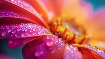Detailed macro shot of a flower's petals covered in water droplets, showcasing vibrant hues of pink, orange, and purple with a soft, blurred background. photo