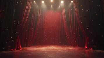 An empty stage with red velvet curtains illuminated by spotlights, ready for a theatrical performance or a grand event. photo