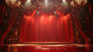 Opulent theater stage with vibrant red curtains and sparkling lights, creating a dramatic atmosphere for performance and artistic expression. photo
