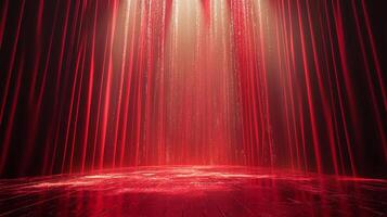 An empty stage with red velvet curtains illuminated by a bright spotlight ready for a show or performance on a dark backdrop. photo