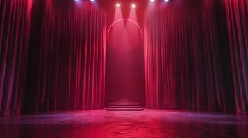 An empty stage bathed in red light, framed by heavy curtains, suggests anticipation and a moment before the performance. The stage is ready. photo