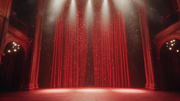 An opulent theater stage bathed in warm, soft light with plush red curtains creating a sense of anticipation and dramatic flair. photo