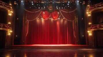 A vintage stage with opulent red curtains and ornate balconies, lit by spotlights and strings of delicate lights for a theatrical performance. photo