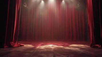 Dramatic stage with rich red velvet curtains illuminated by spotlights, creating a sense of anticipation and theatrical elegance. photo