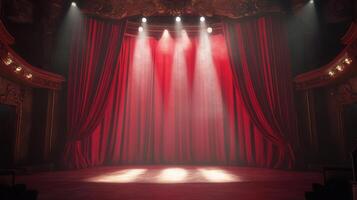 Empty theater stage with red curtains under spotlights, evoking drama and performance. Ready for the next act. photo