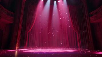 Elegant theater stage with red curtains, illuminated by spotlights, creating a captivating atmosphere, stage filled with rose petals. photo