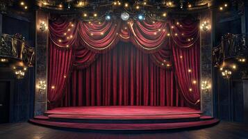 Grand stage with elegant red velvet curtains, framed by ornate architecture and soft lighting, creating a classic theatrical atmosphere. photo