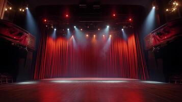 Dramatic theatre stage with red curtains and bright spotlights. The stage is empty and ready for a performance or show. photo