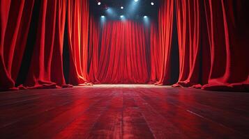 A vibrant red curtain gracefully hangs over the stage, illuminated by lights, creating an enchanting theatrical scene. photo
