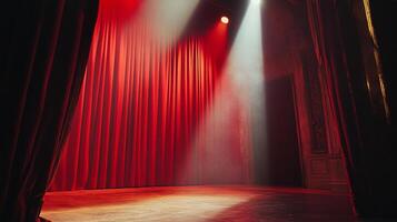 Dramatic stage with red curtains bathed in spotlights, ready for a captivating performance. The atmosphere is filled with anticipation. photo