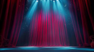 A theatrical stage bathed in dramatic lighting, with rich red curtains creating a sense of anticipation and spectacle. photo