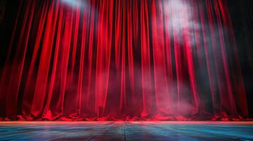 Dramatic red curtains with stage lights create a theatrical and inviting atmosphere for a performance. Great for an opening scene. photo
