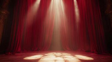 Dramatic stage with red curtains and spotlight. Theatrical atmosphere invites viewers into a world of performance and spectacle. photo