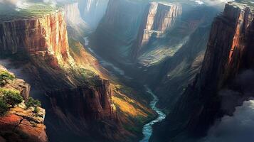 Magnificent canyon with towering rock formations and a flowing river, captured from a high-angle perspective. Natural beauty abounds. photo