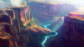 Panoramic view of a deep canyon with a winding river at the bottom, featuring layered rock formations and vibrant colors. photo