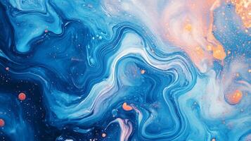 Abstract blue and gold fluid art with swirling textures, creating a mesmerizing and organic pattern with vibrant colors and shimmering accents. photo
